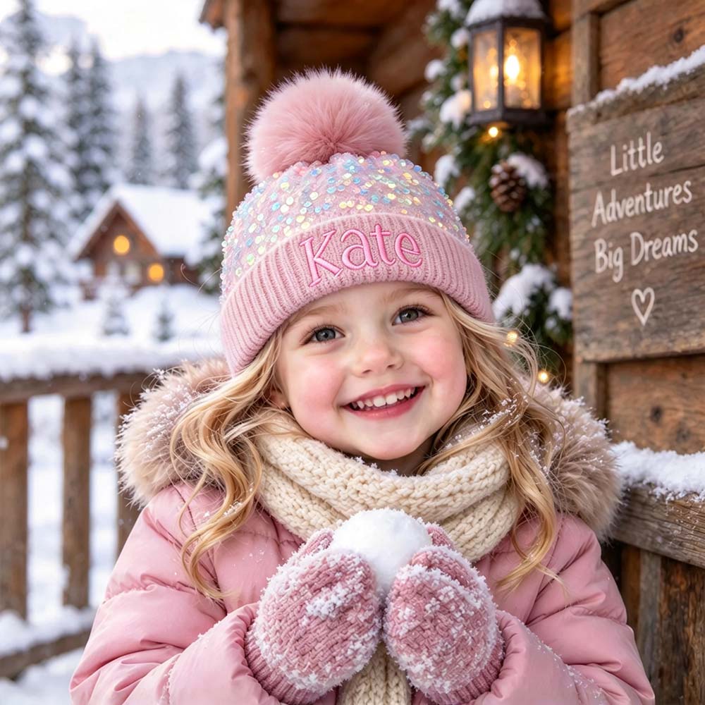Personalized Embroidered Kids Sequin Pom Pom Hat | MNKid14