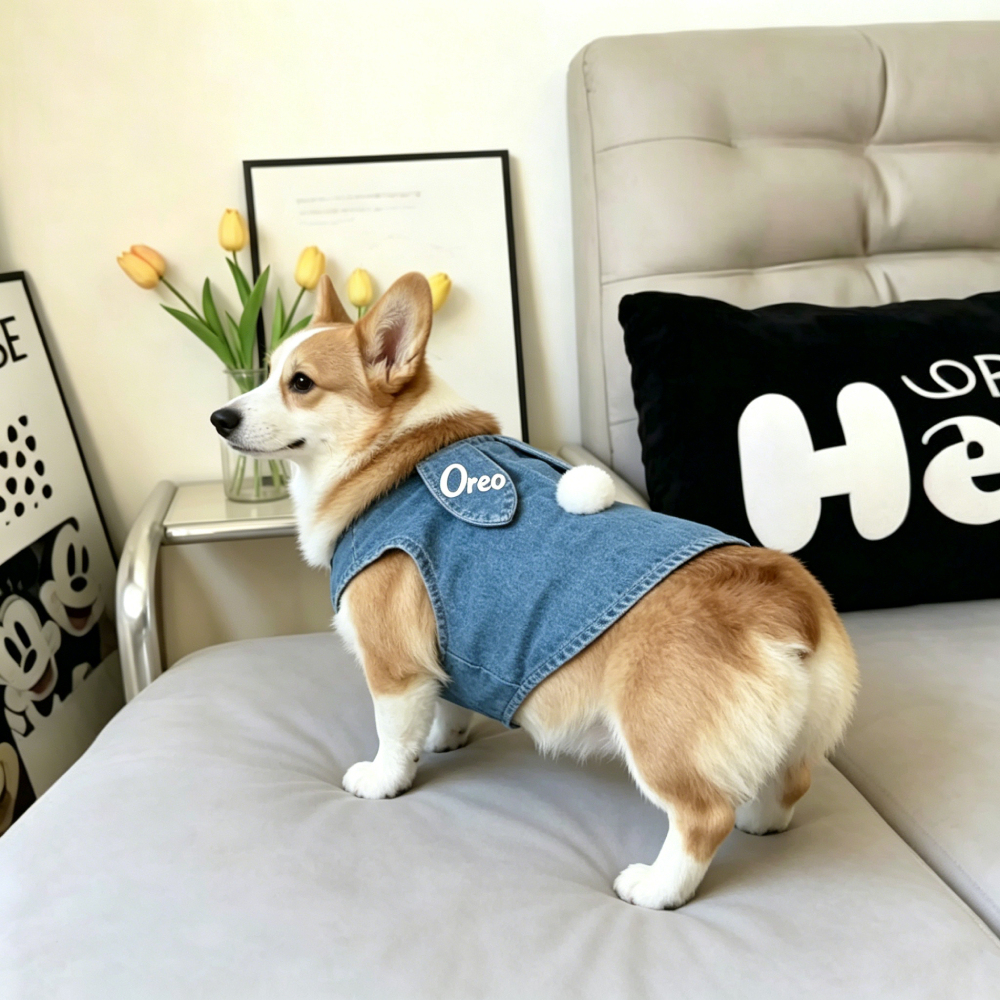 Personalized Embroidered Cute Bunny-Ear Denim Dog Vest | MNCloth219