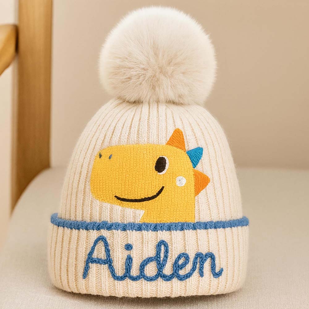 Personalized Hand Embroidery Cartoon Animal Pom Pom Beanie WinterHat | HSKid90