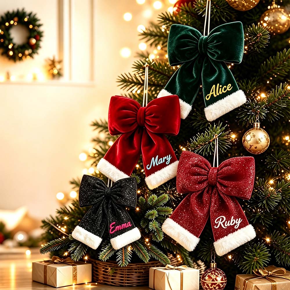 Personalized Velvet Christmas Bow Ornament With Furry Trim | MCGift384