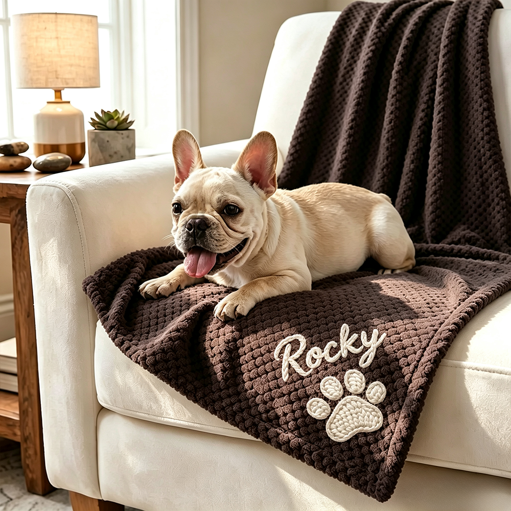 Personalized Hand Embroidered Puppy Blanket with Name & Paw Print | MNHome106