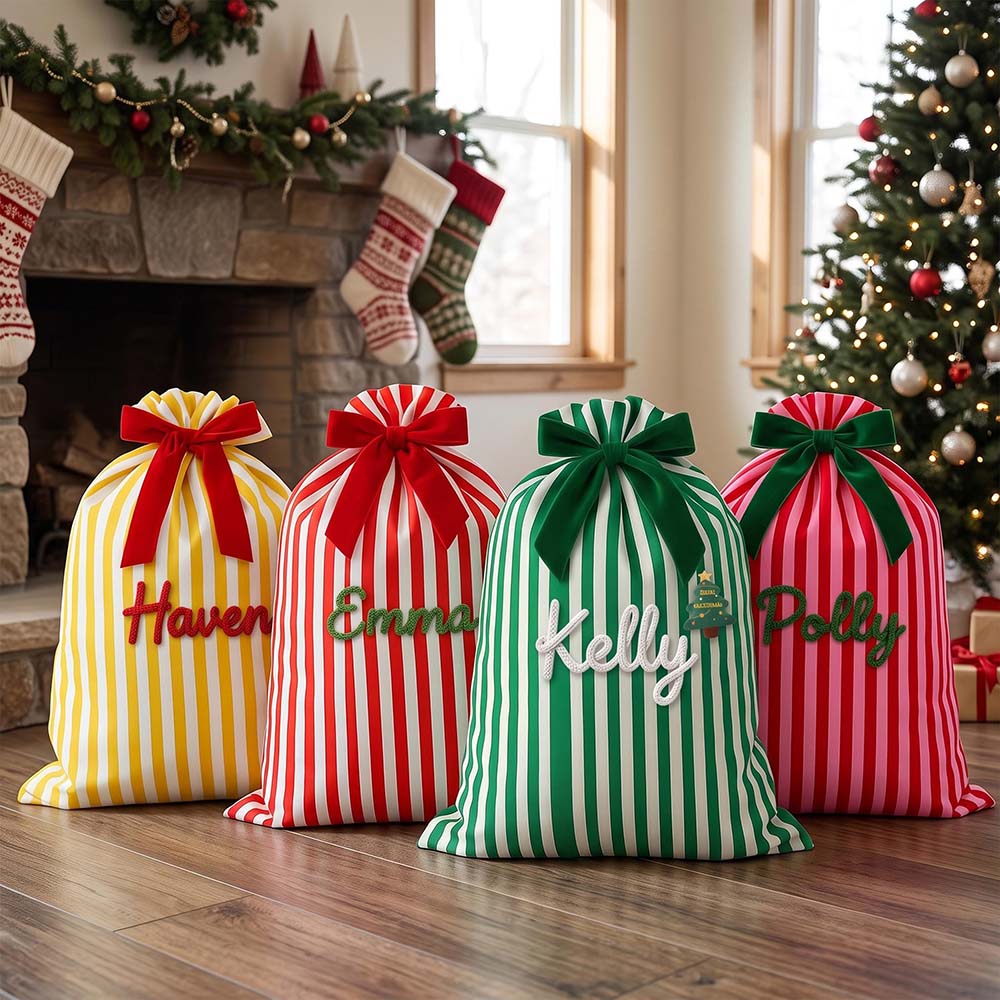 Personalized Hand Embroidered Striped Christmas Gift Sack | MNGift39