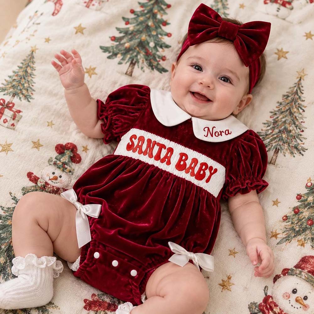 Personalized Embroidered Baby Girl Christmas Santa Velvet Outfit | MNBaby12