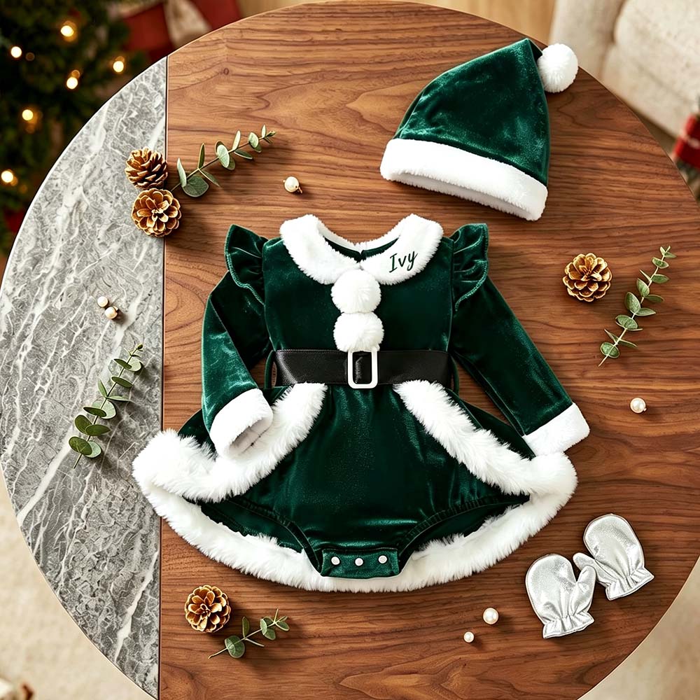 Personalized Embroidered Baby Girls Christmas Bodysuit Dress With Santa Hat | MNBaby16