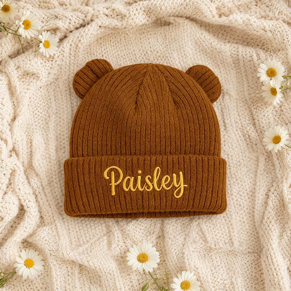 Personalized Embroidered Kids Bear Ear Knit Hat | HSKid96