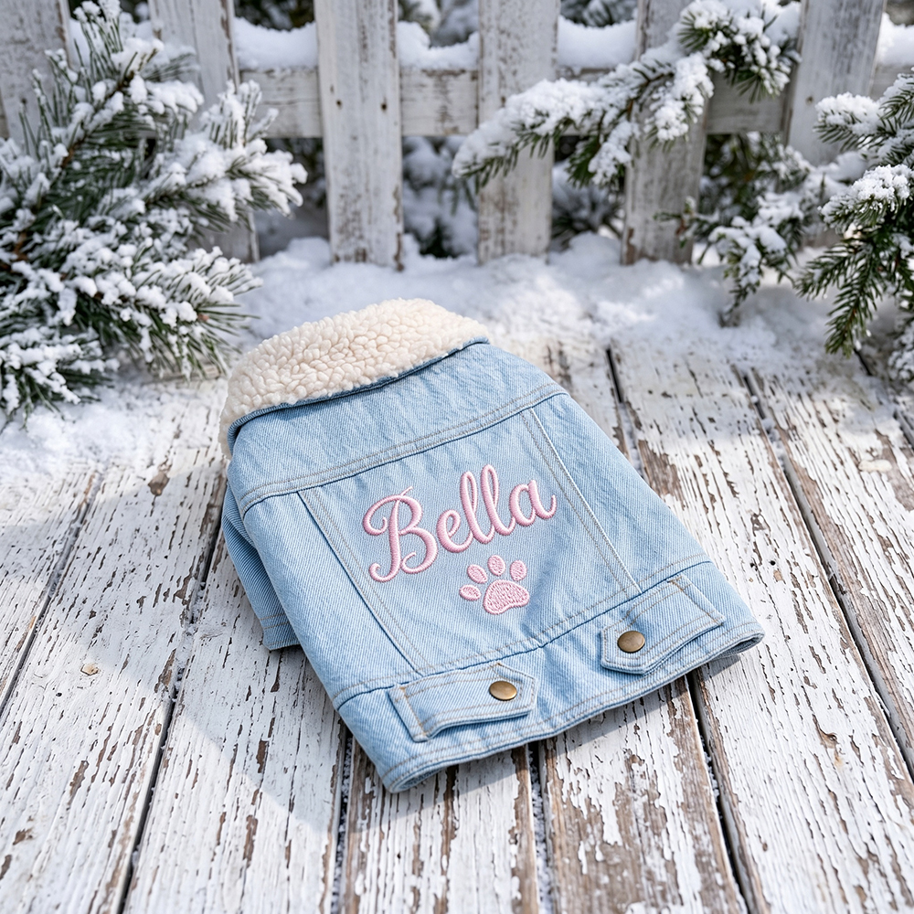 Personalized Hand Embroidered Fleece-Lined Denim Dog Jacket | BKPet607