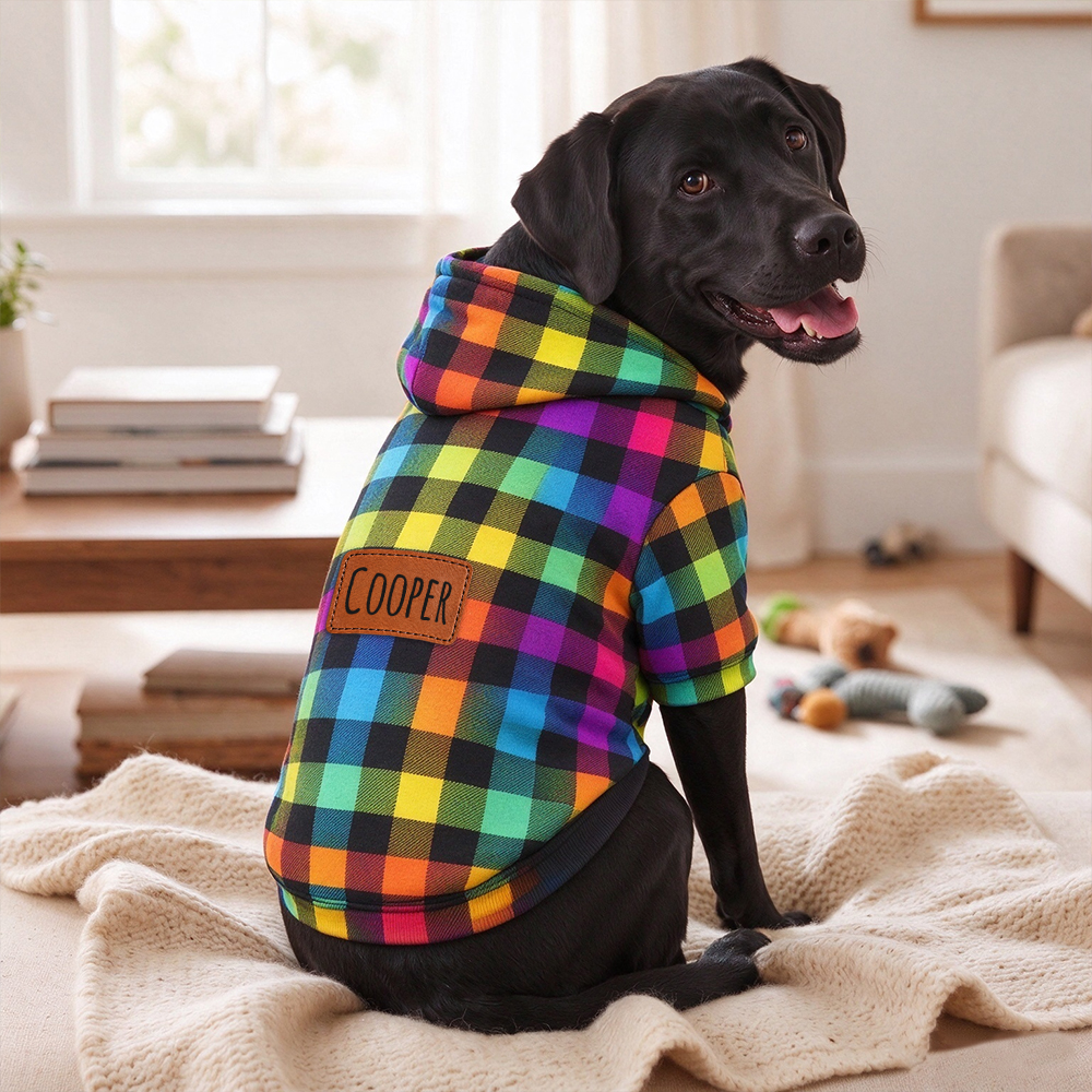 Personalized Pets Colorful Plaid Hoodie with Leather Patch | BKPet616