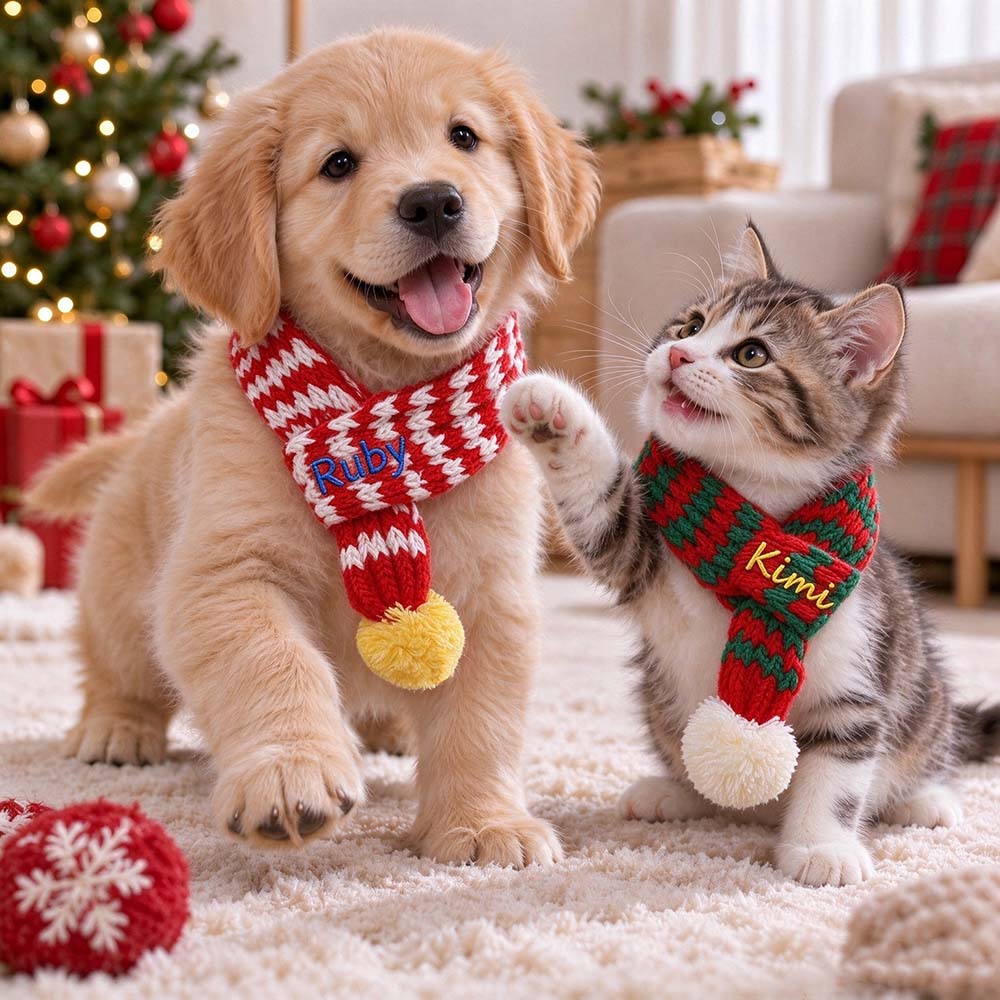 Personalized Embroidered Christmas Pet Pom Pom Scarf | MCGift437