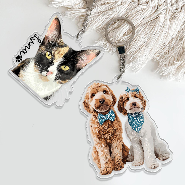 Personalized Illustrated Pet Portrait Memorial Photo Keychain | CWGift24