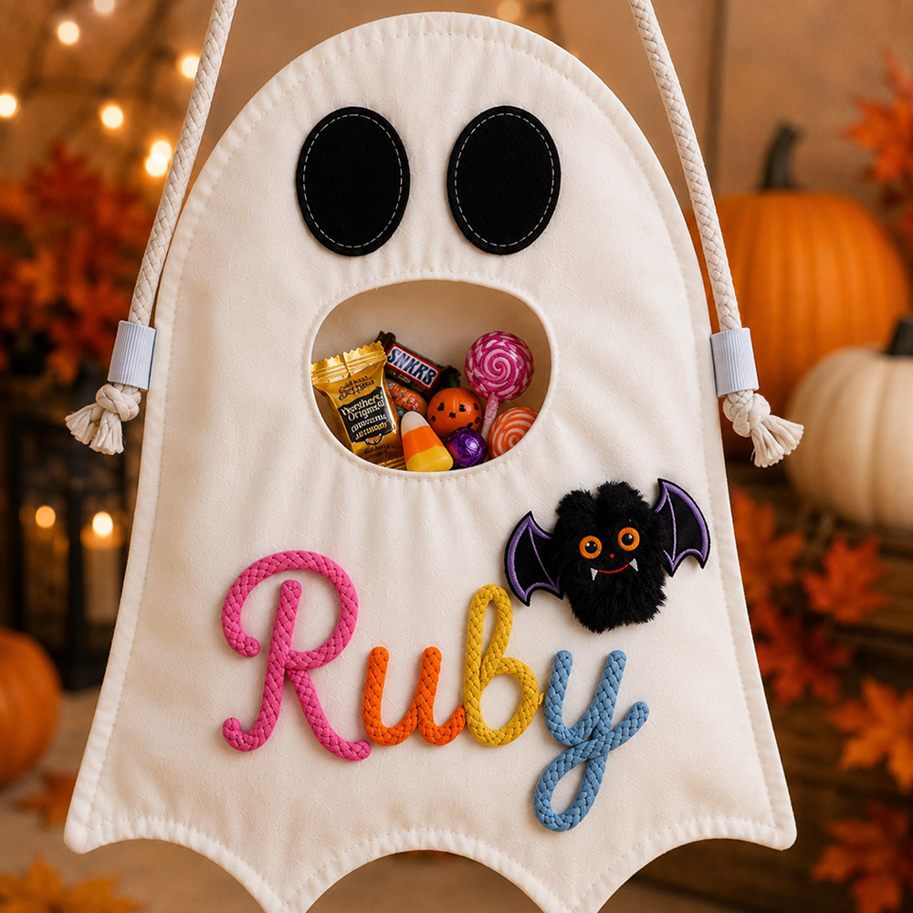 Personalized Hand Embroidery Ghost Drawstring Trick Or Treat Bag | MNHalloween18