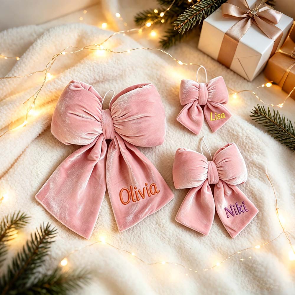 Personalized Velvet Christmas Bow Ornament Without Furry Trim | MCGift383