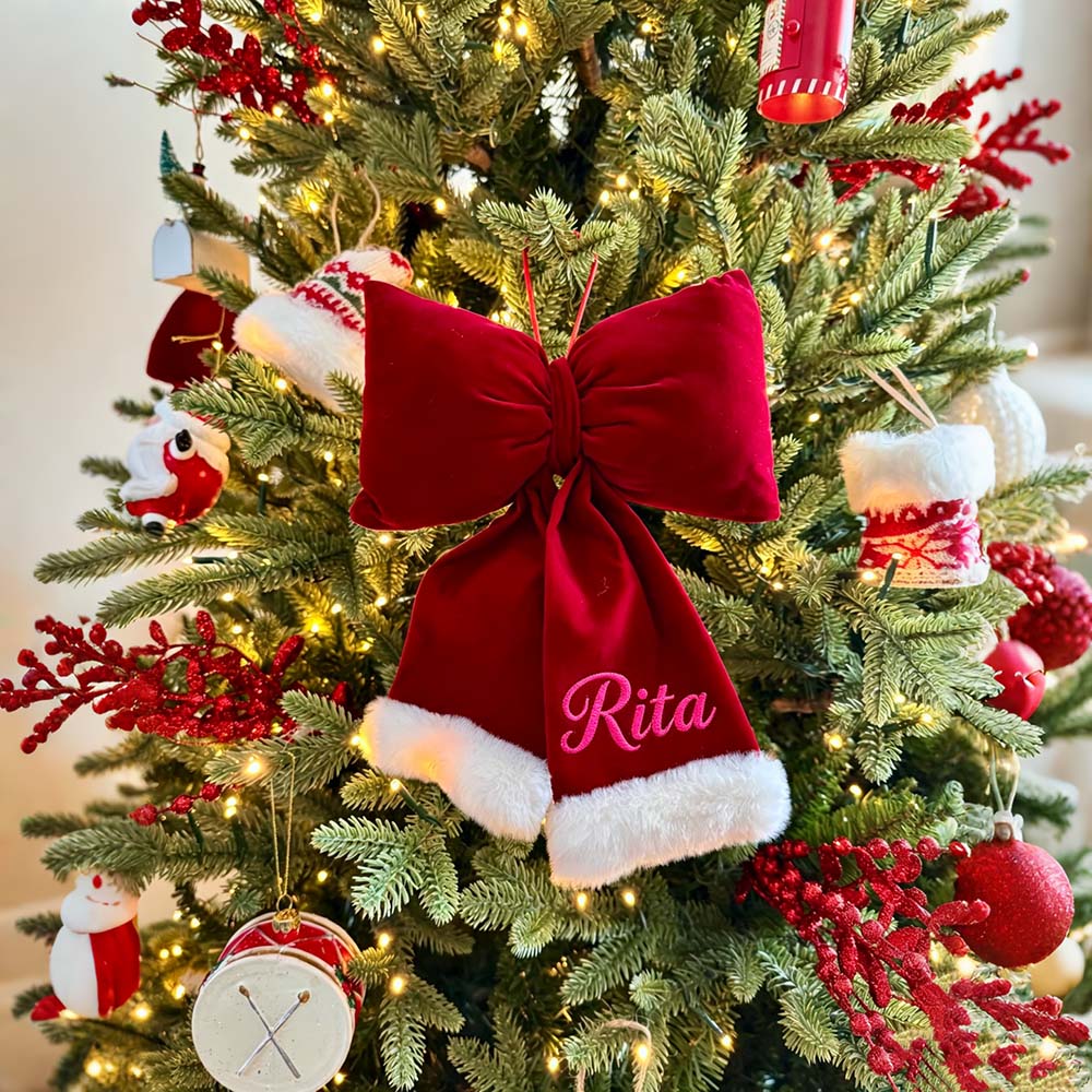 Personalized Velvet Christmas Bow Ornament With Furry Trim | MCGift384