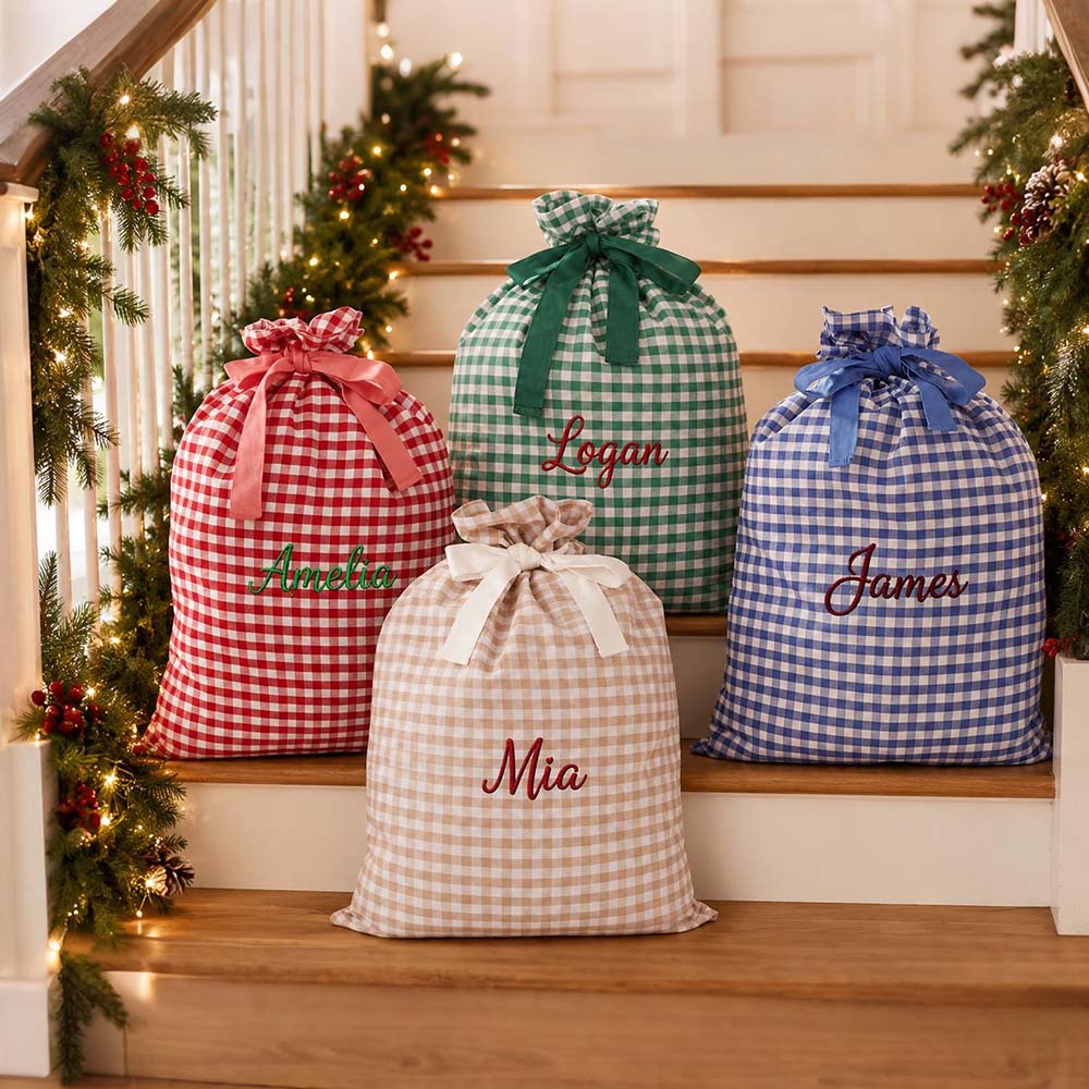 Personalized Embroidered Gingham Santa Gift Bag | MCGift391
