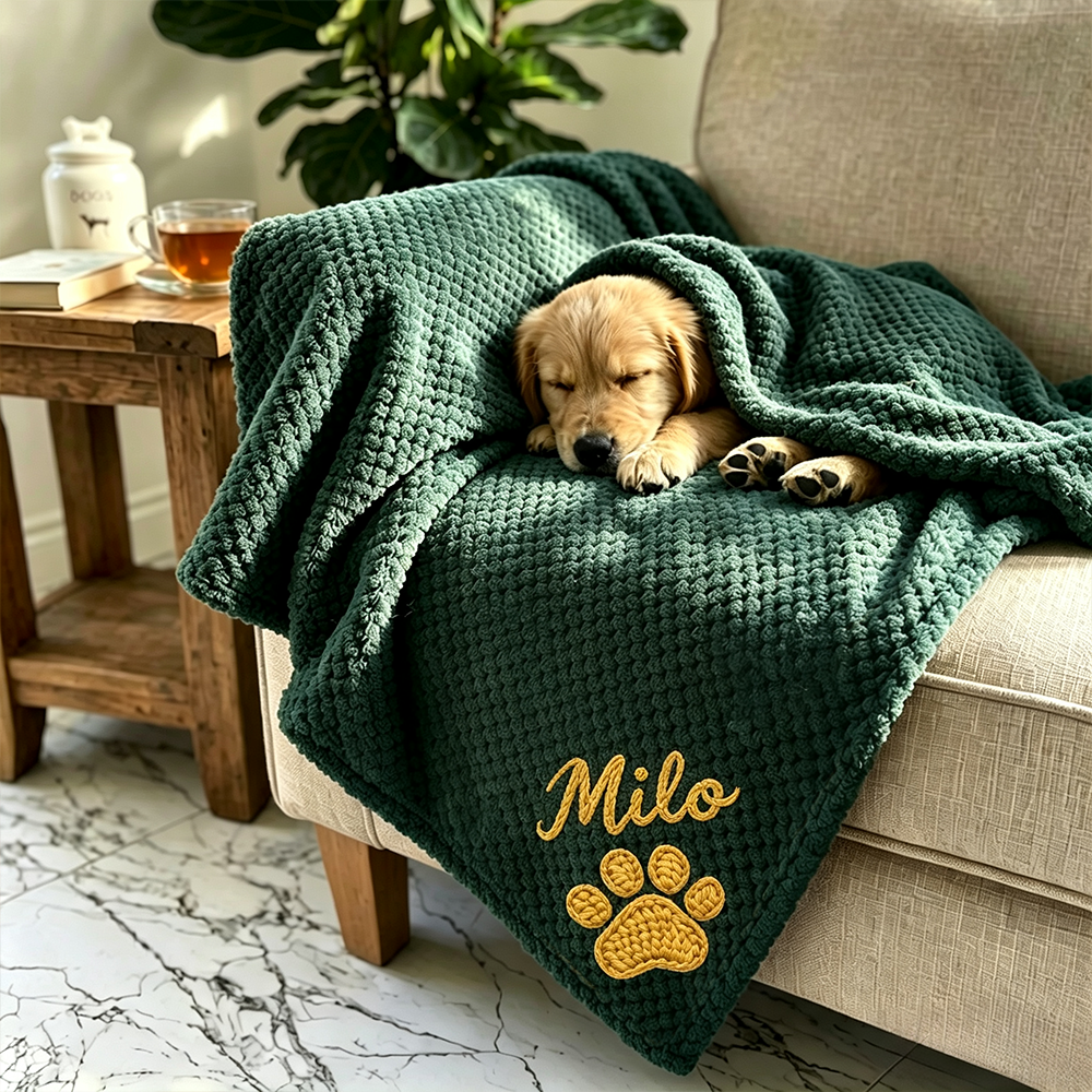 Personalized Hand Embroidered Puppy Blanket with Name & Paw Print | MNHome106