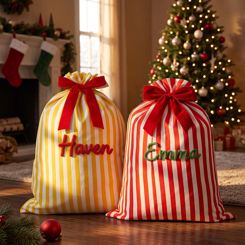 Personalized Hand Embroidered Striped Christmas Gift Sack | MNGift39
