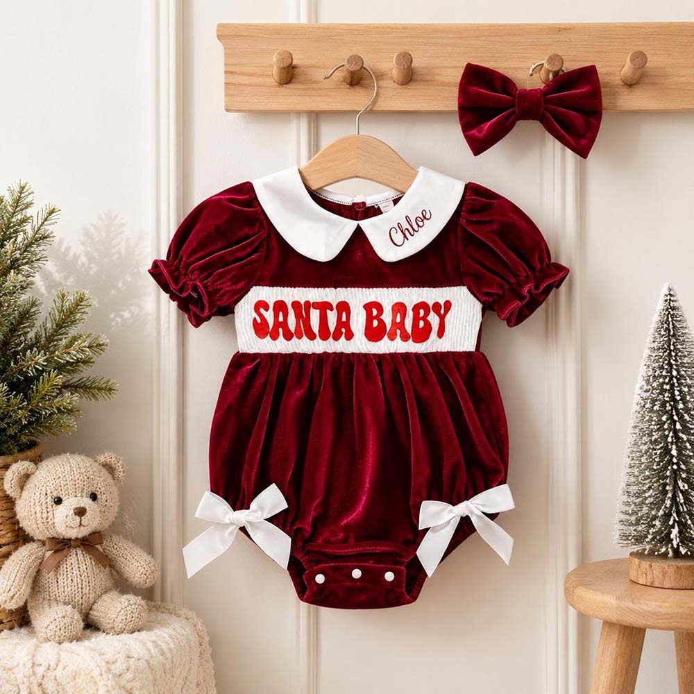 Personalized Embroidered Baby Girl Christmas Santa Velvet Outfit | MNBaby12