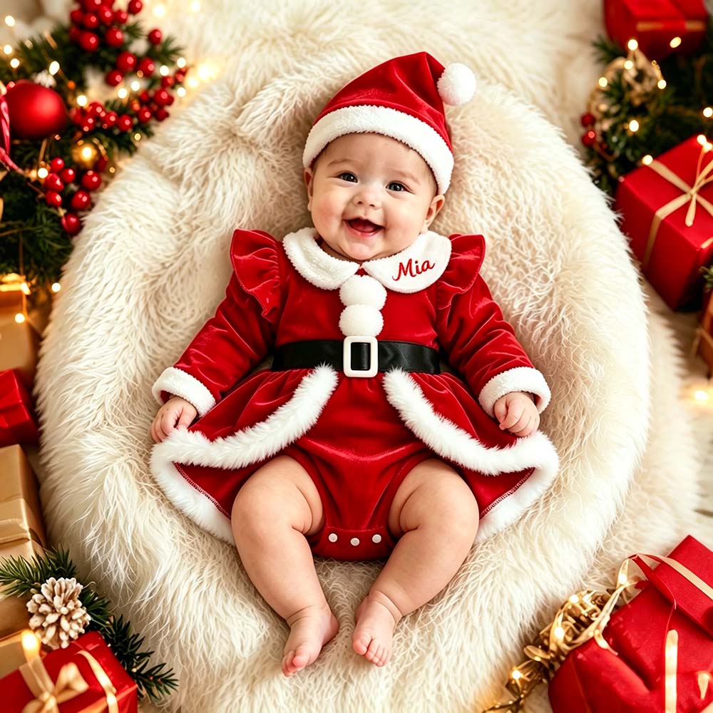 Personalized Embroidered Baby Girls Christmas Bodysuit Dress With Santa Hat | MNBaby16