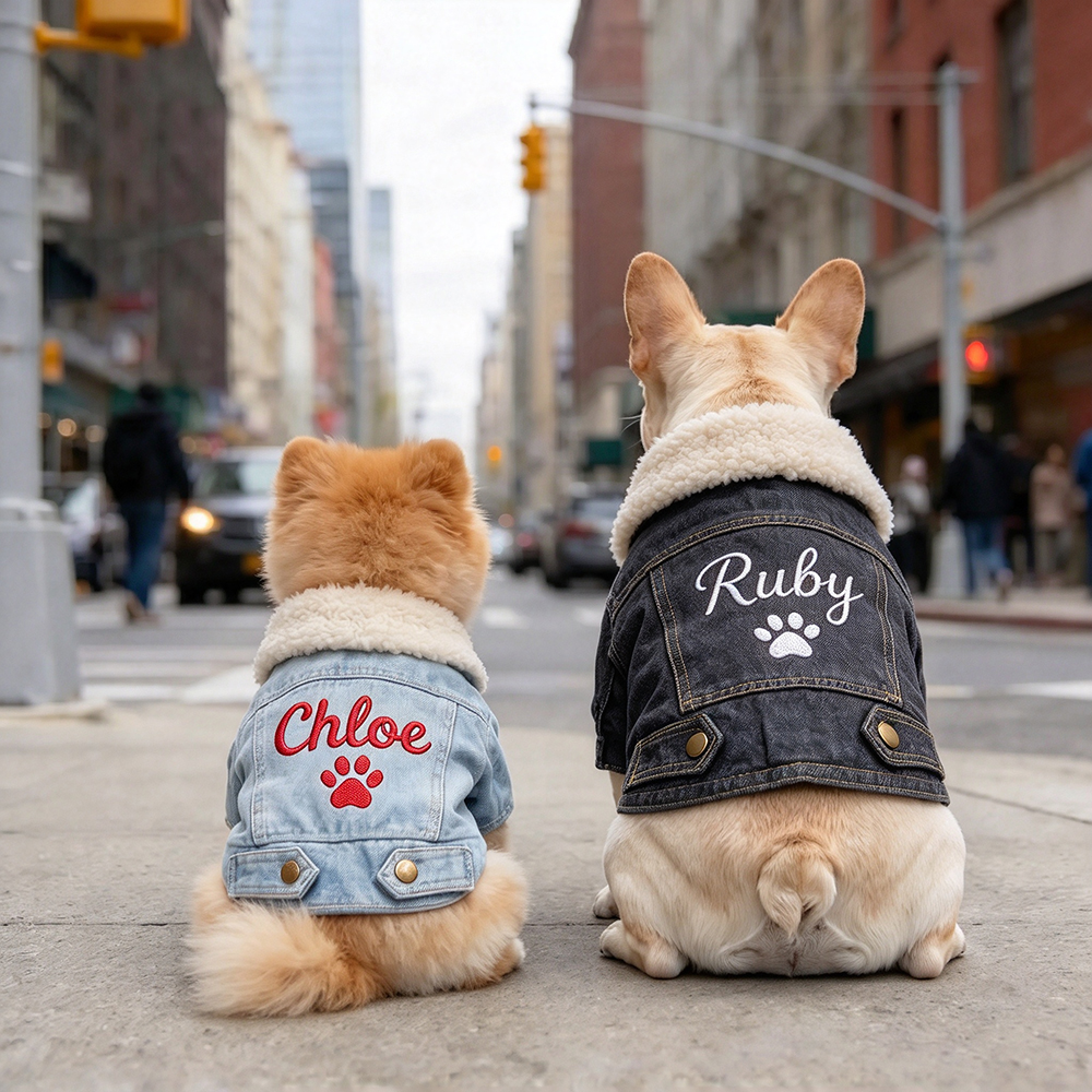 Personalized Hand Embroidered Fleece-Lined Denim Dog Jacket | BKPet607