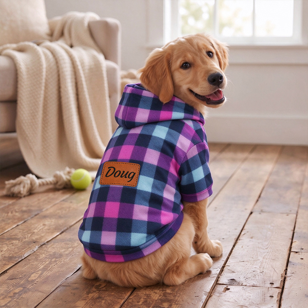Personalized Pets Colorful Plaid Hoodie with Leather Patch | BKPet616