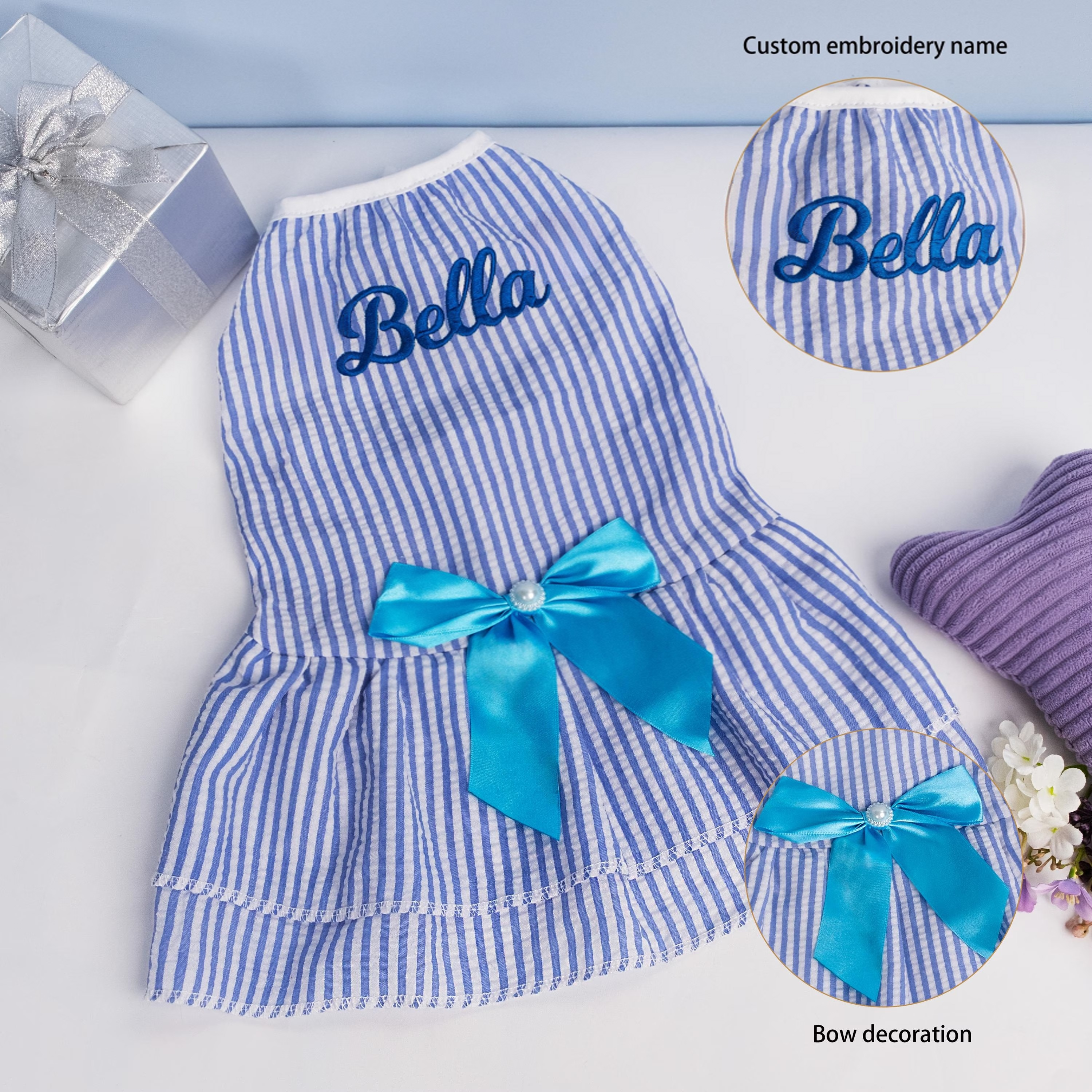 Personalized Embroidery Striped Seersuker Cute Pet Dress with Bow | MNCloth206