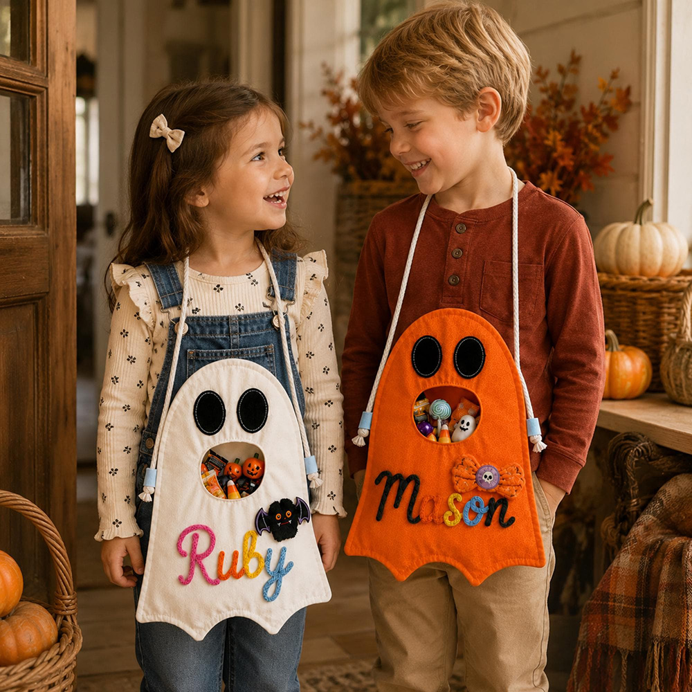 Personalized Hand Embroidery Ghost Drawstring Trick Or Treat Bag | MNHalloween18