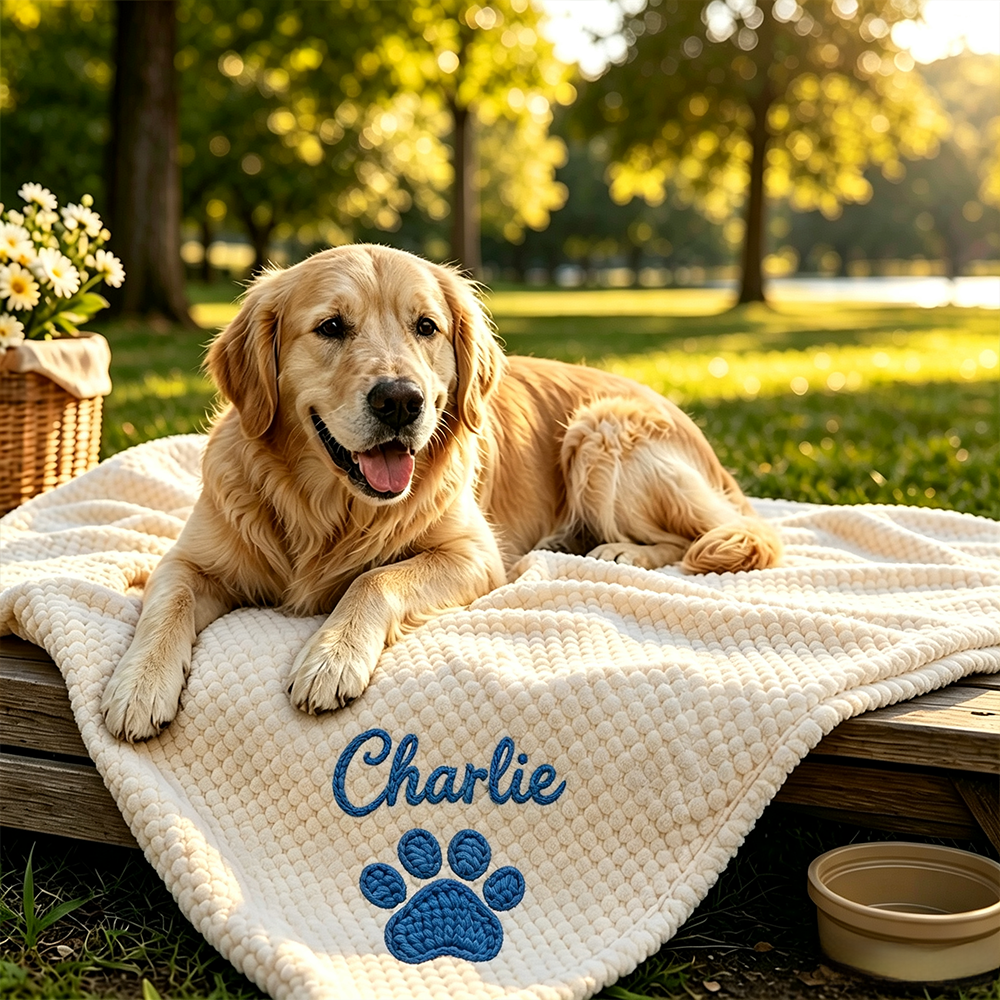 Personalized Hand Embroidered Puppy Blanket with Name & Paw Print | MNHome106