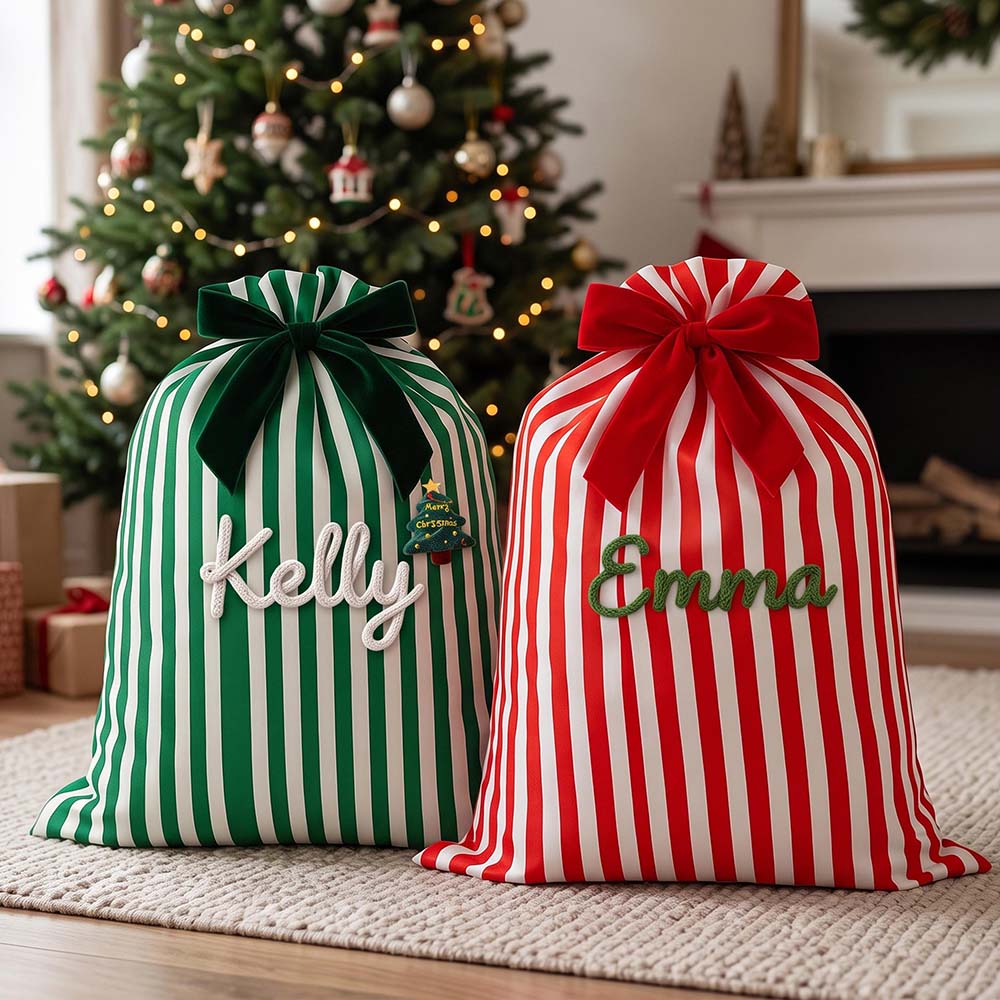 Personalized Hand Embroidered Striped Christmas Gift Sack | MNGift39