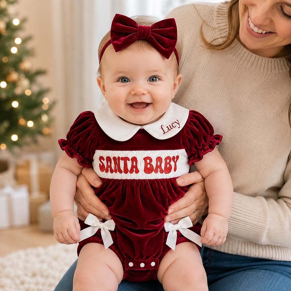 Personalized Embroidered Baby Girl Christmas Santa Velvet Outfit | MNBaby12