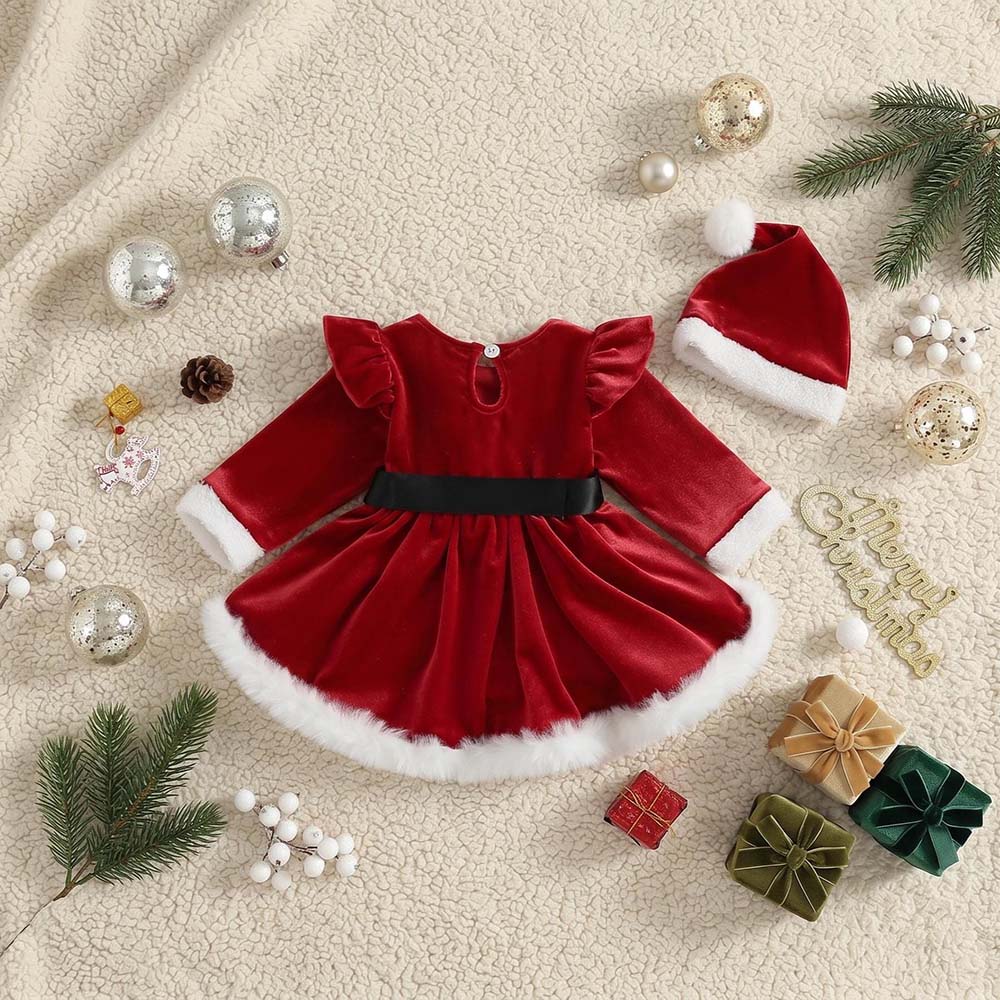 Personalized Embroidered Baby Girls Christmas Bodysuit Dress With Santa Hat | MNBaby16