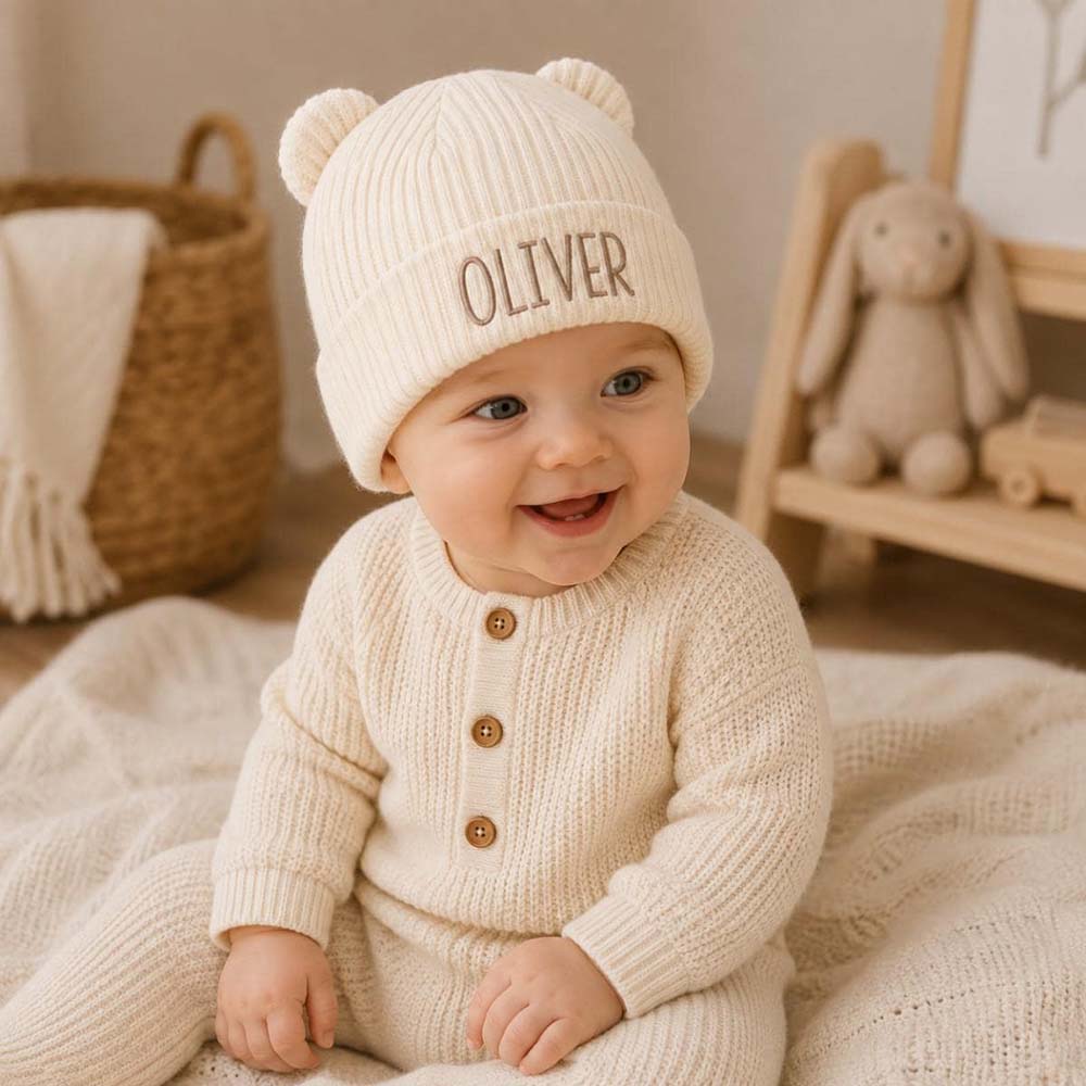 Personalized Embroidered Kids Bear Ear Knit Hat | HSKid96
