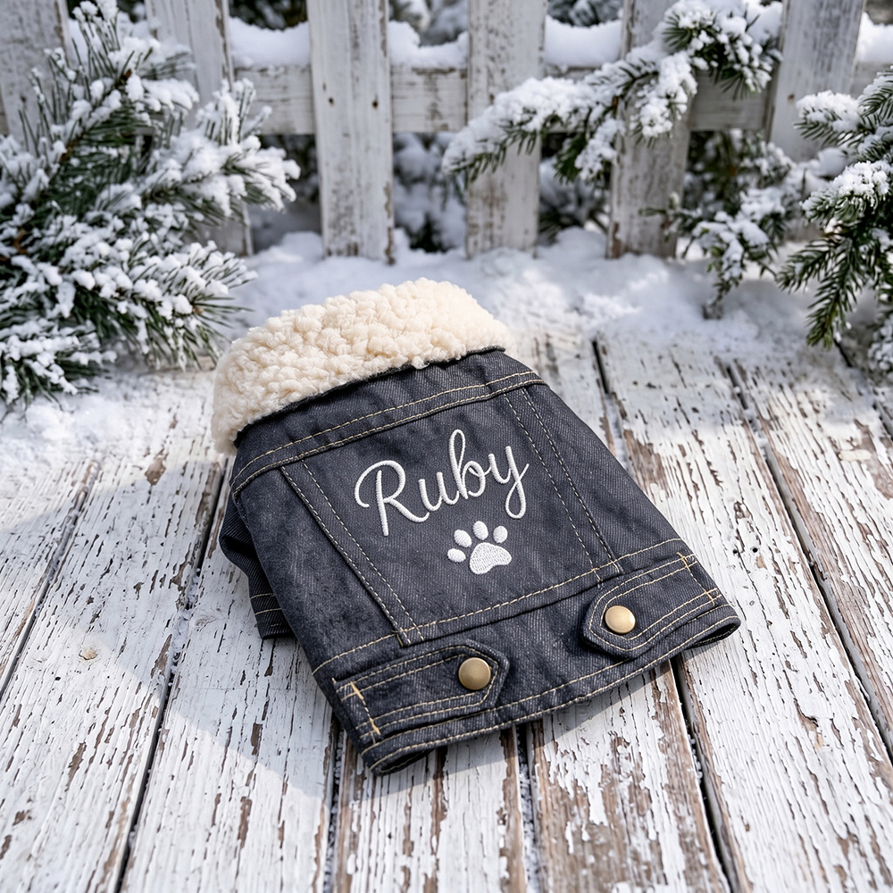 Personalized Hand Embroidered Fleece-Lined Denim Dog Jacket | BKPet607