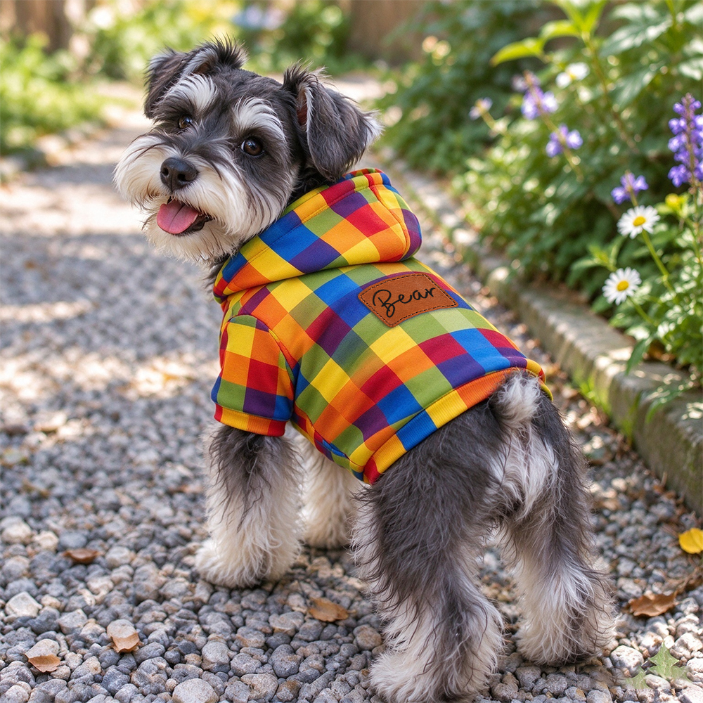 Personalized Pets Colorful Plaid Hoodie with Leather Patch | BKPet616