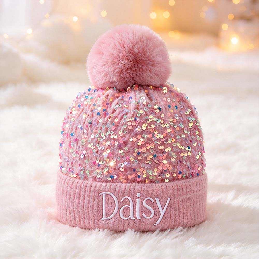 Personalized Embroidered Kids Sequin Pom Pom Hat | MNKid14