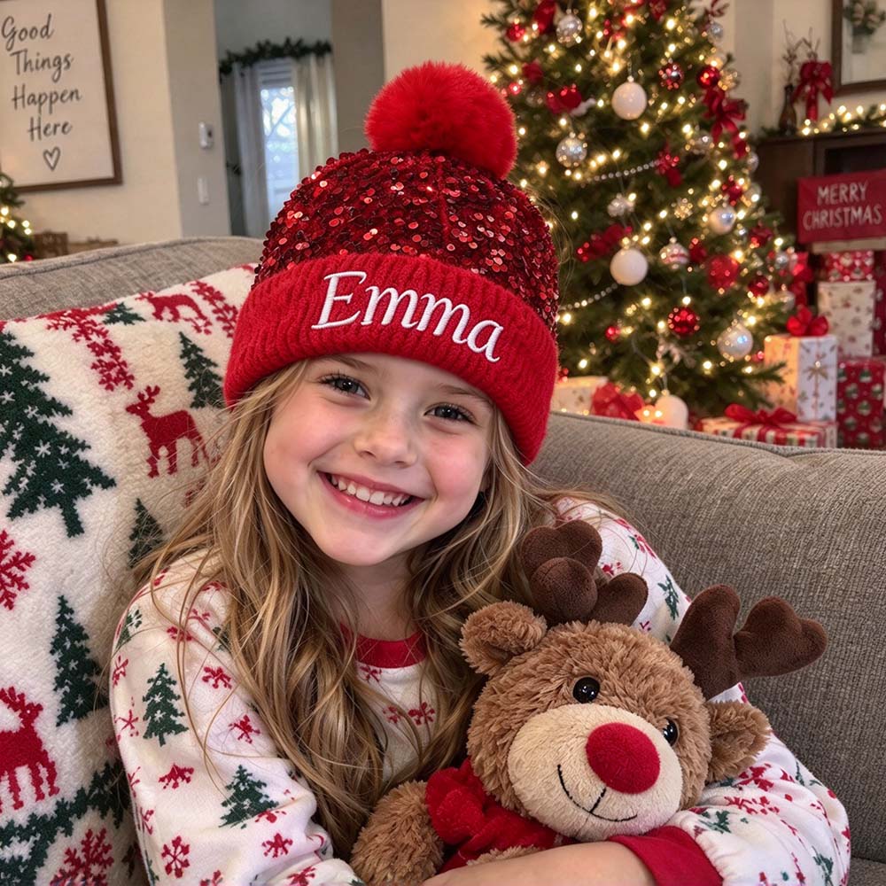 Personalized Embroidered Kids Sequin Pom Pom Hat | MNKid14