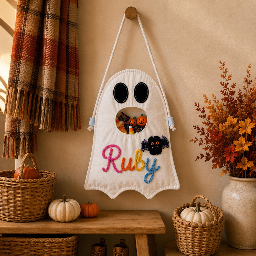 Personalized Hand Embroidery Ghost Drawstring Trick Or Treat Bag | MNHalloween18