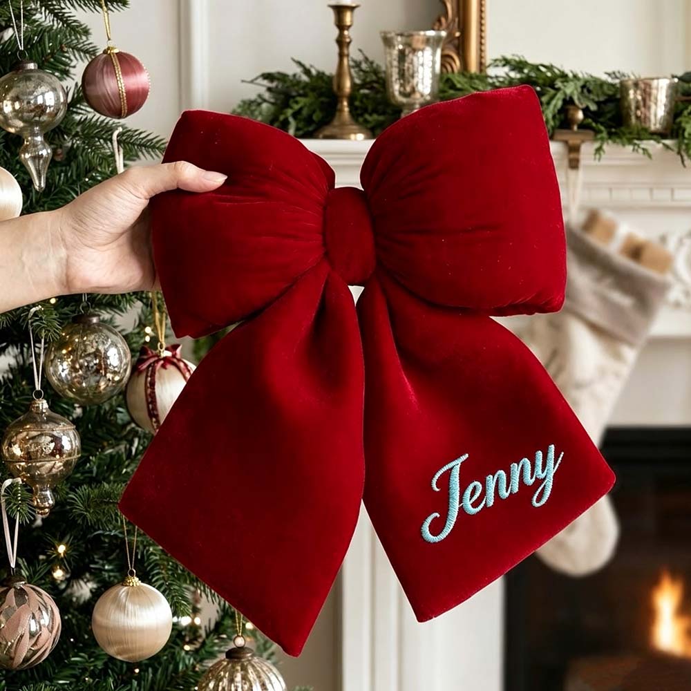 Personalized Velvet Christmas Bow Ornament Without Furry Trim | MCGift383