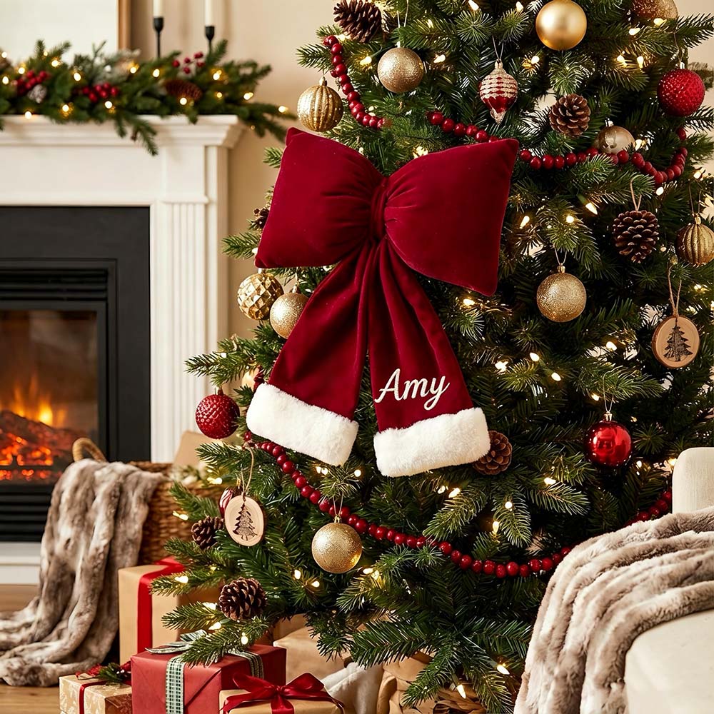 Personalized Velvet Christmas Bow Ornament With Furry Trim | MCGift384