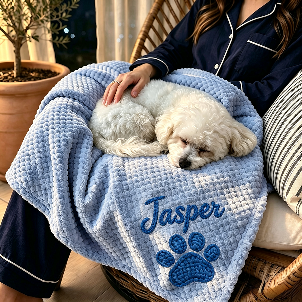 Personalized Hand Embroidered Puppy Blanket with Name & Paw Print | MNHome106