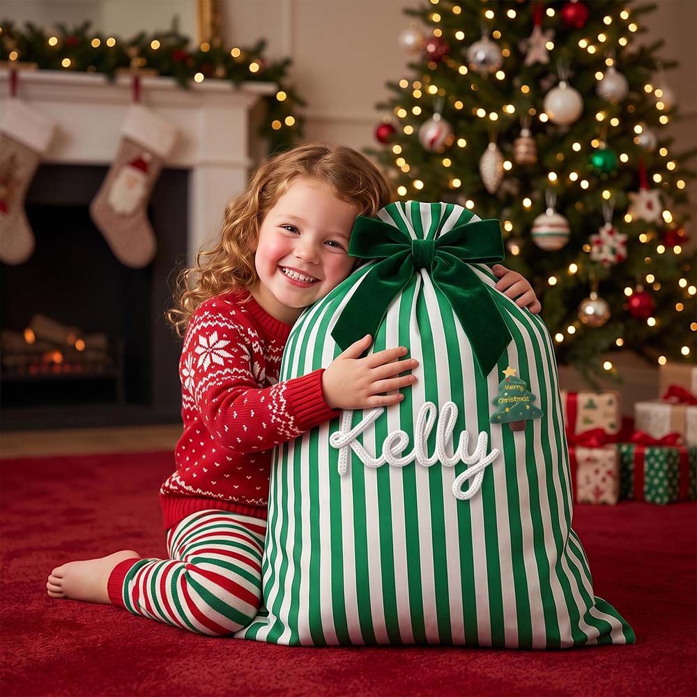 Personalized Hand Embroidered Striped Christmas Gift Sack | MNGift39