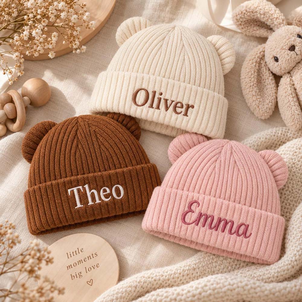 Personalized Embroidered Kids Bear Ear Knit Hat | HSKid96