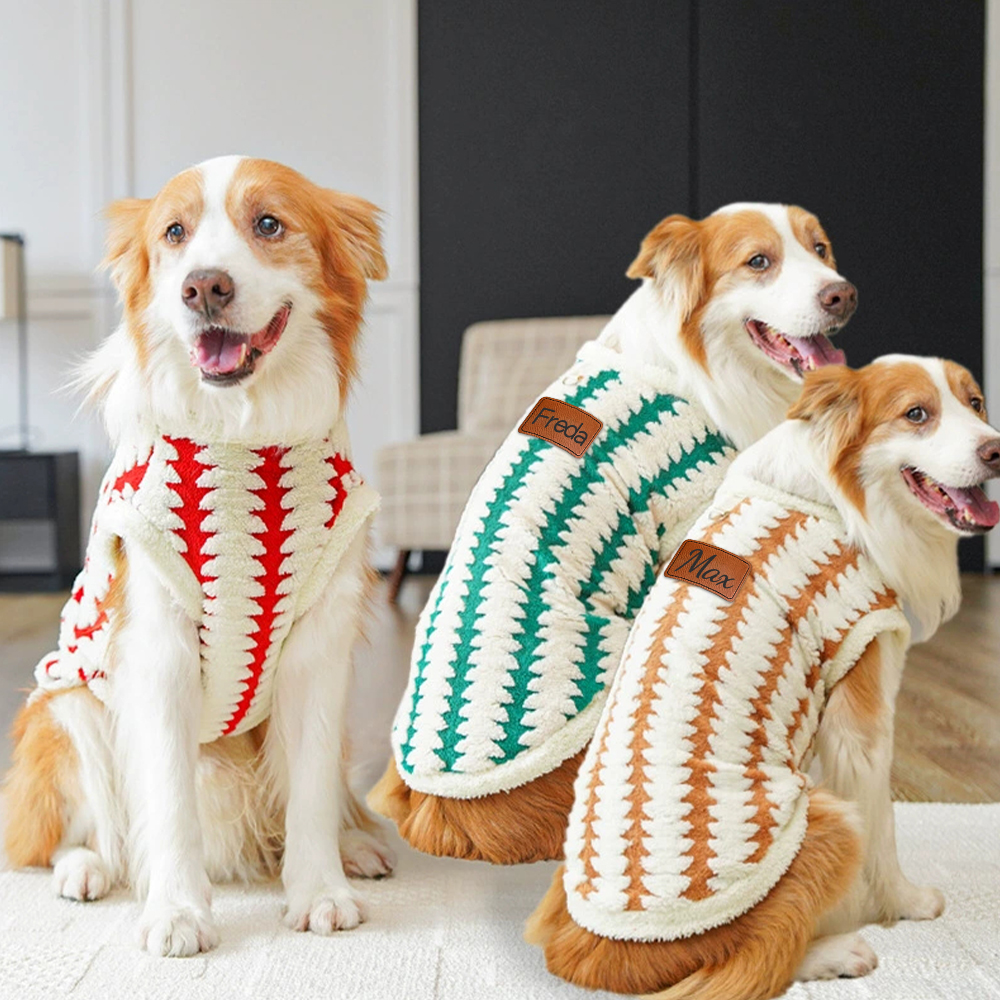 Personalized Leather Patch Warm Coral Fleece Dog Winter Coat | BKPet242