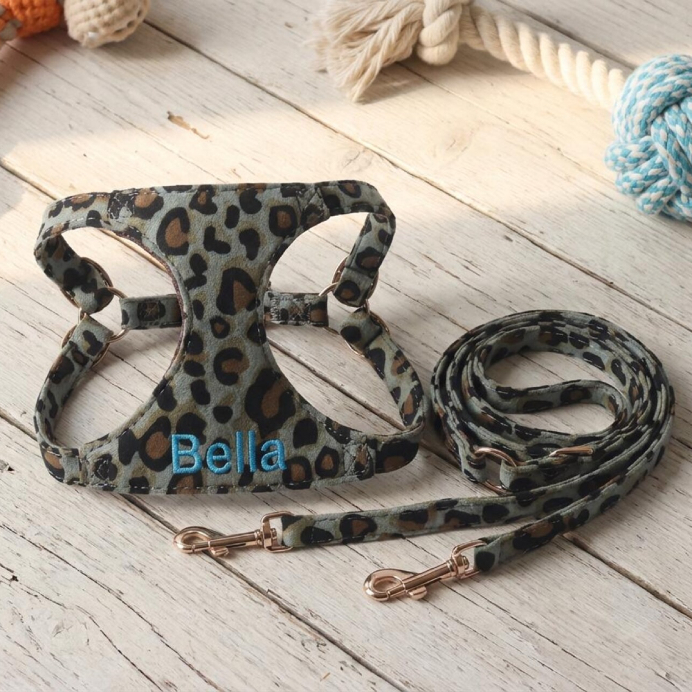 Personalized Embroidered Pet Leopard Print Harness Leash Set | MNAccs86