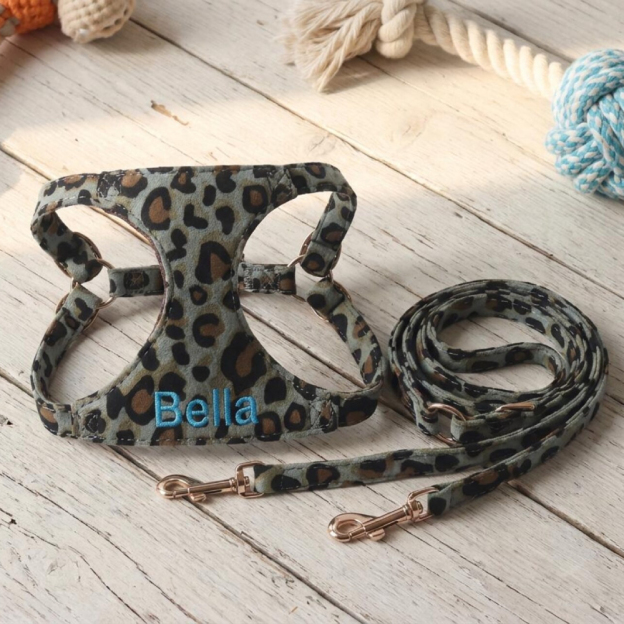 Personalized Embroidered Pet Leopard Print Harness Leash Set | MNAccs86