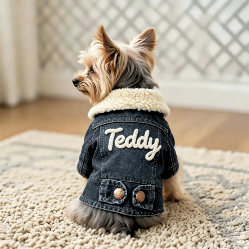 Personalized Name Sherpa Collar Denim Dog Jacket | MNCloth22601