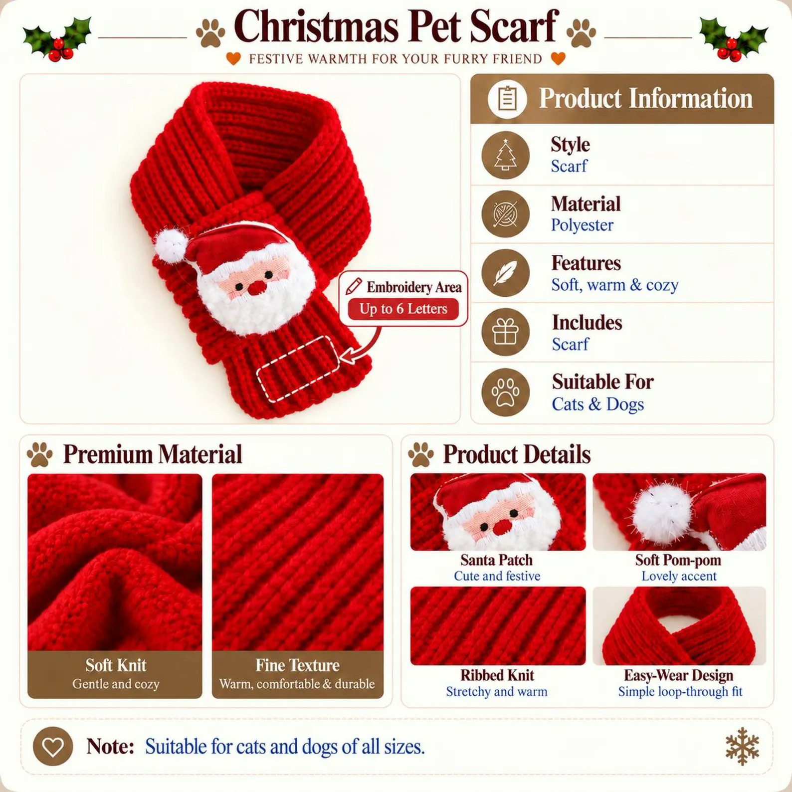 Personalized Embroidered Dogs And Cats Christmas Scarf | MNAccs127