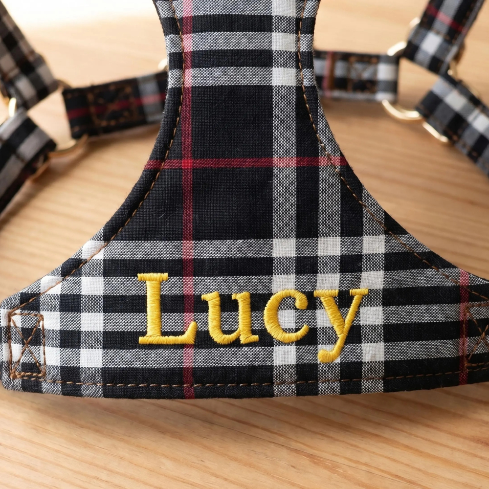 Personalized Embroidered Pet Denim Patchwork Checkered Harness Leash Set | MNAccs91