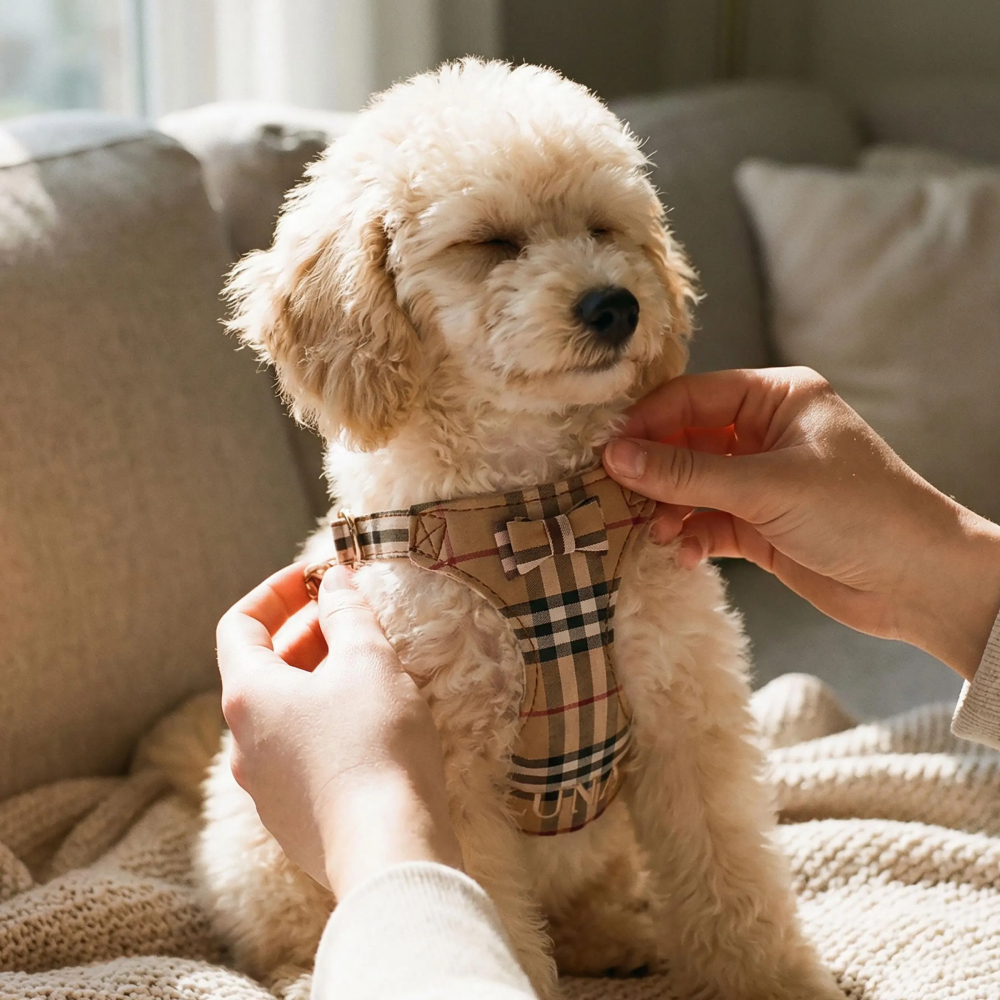 Personalized Embroidered Pet Denim Patchwork Checkered Harness Leash Set | MNAccs91