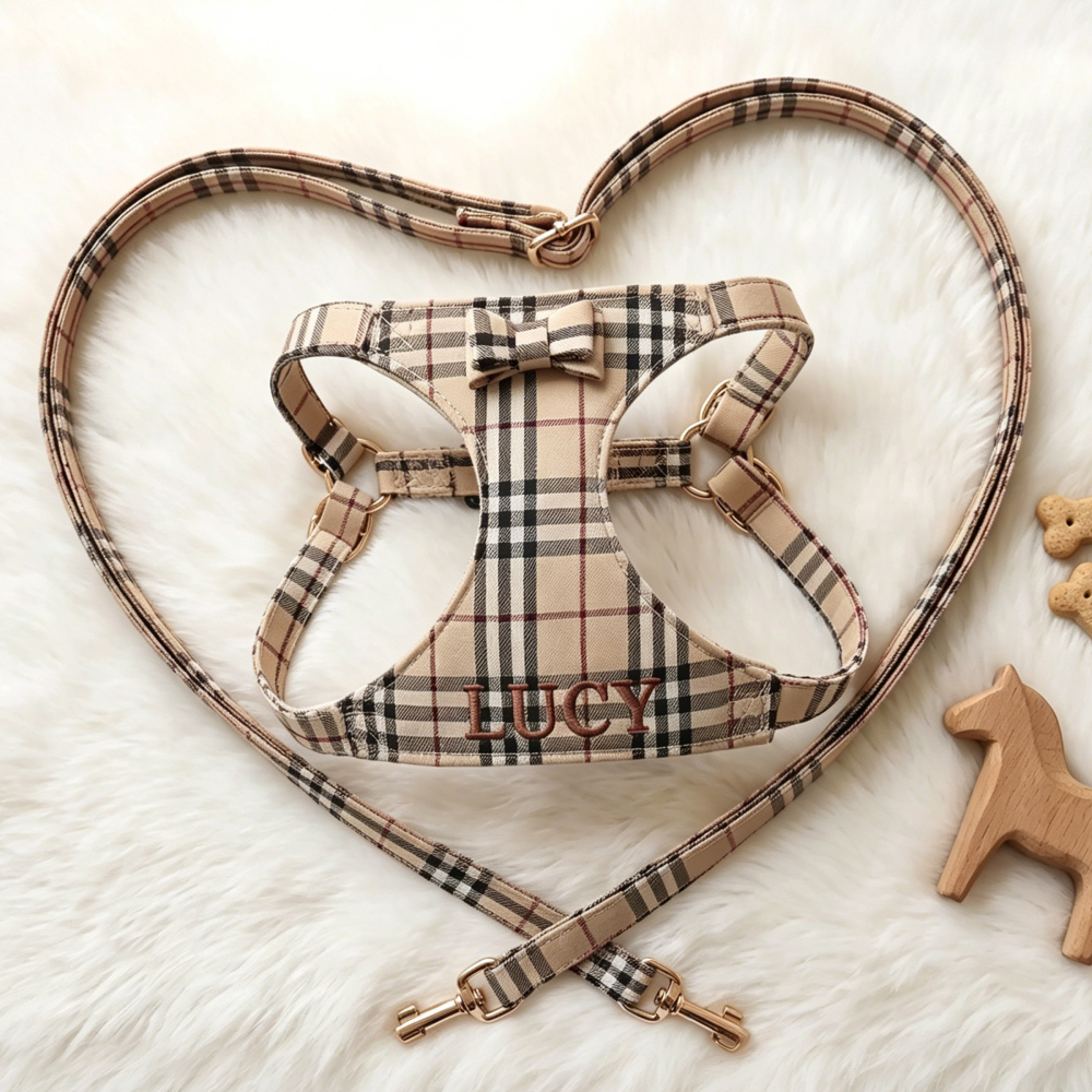 Personalized Embroidered Pet Denim Patchwork Checkered Harness Leash Set | MNAccs91