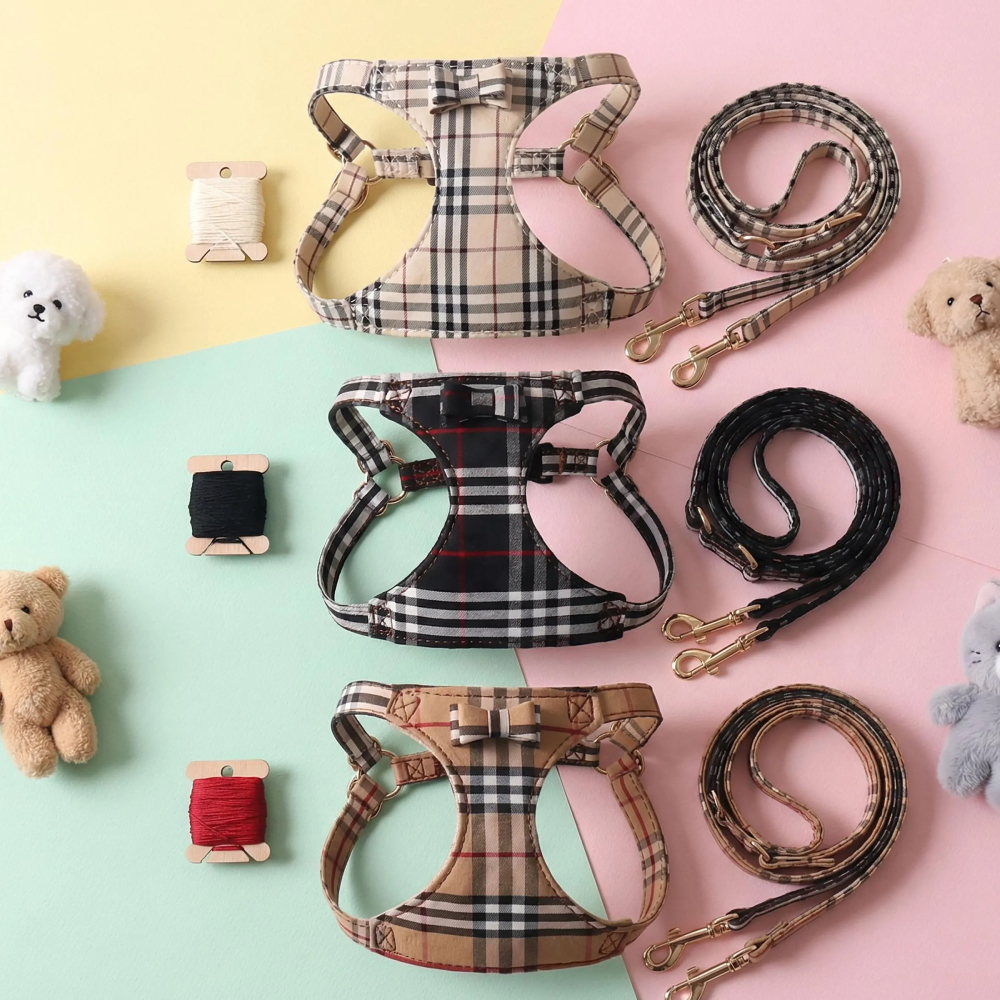 Personalized Embroidered Pet Denim Patchwork Checkered Harness Leash Set | MNAccs91