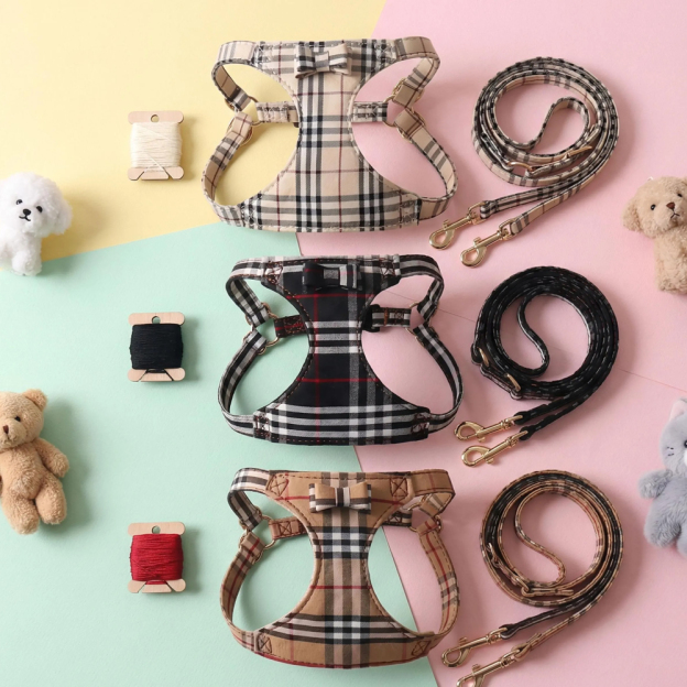 Personalized Embroidered Pet Denim Patchwork Checkered Harness Leash Set | MNAccs91